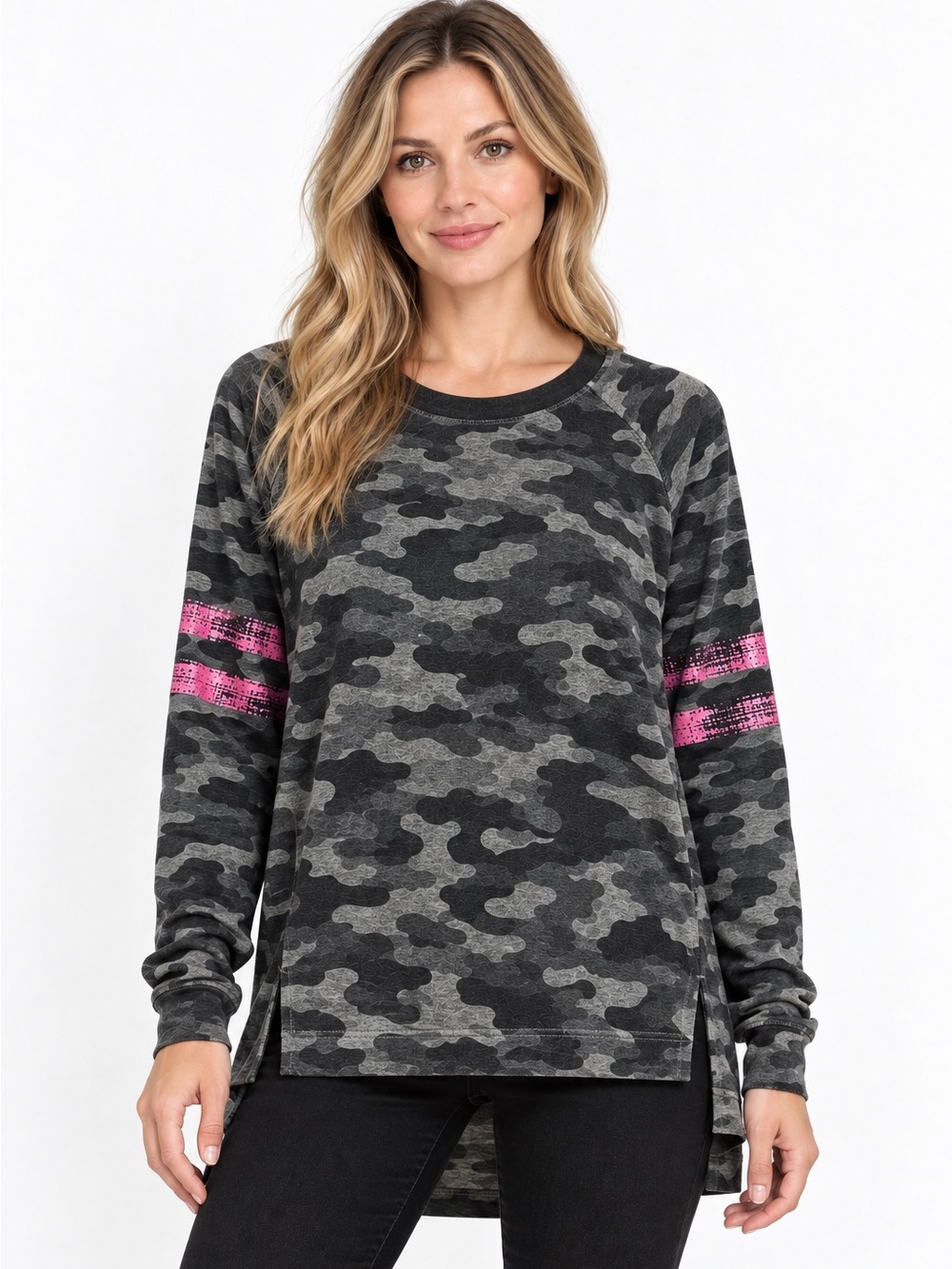 Sundry Camo Sweatshirt Womens 3 Large  Pink Stripe Long Sleeve Made USA Tunic
